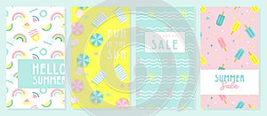 Design banner and card for summer season. Abstract geometric background with summer fruit, tropical leafs and beach