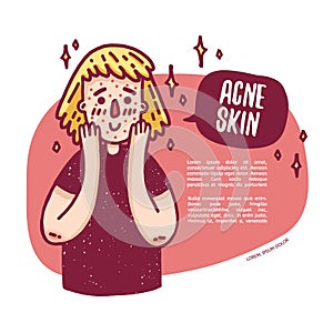 Design banner with cute teen girl about problem skin. Young woman with acne. Template infographics about dermatologica photo