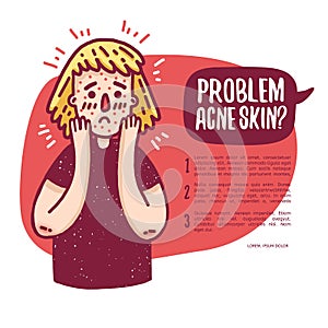 Design banner with cute teen girl about problem skin. Young woman with acne. Template infographics about dermatologica photo