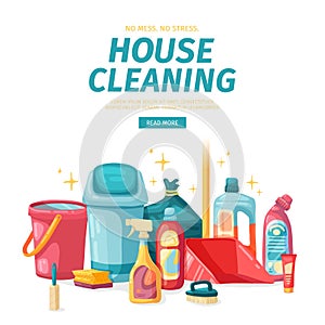 Design banner House cleaning with cleaning products. Cartoon illustration household chemicals. Temlate for flyer clean