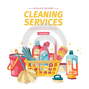 Design banner House cleaning with cleaning products. Cartoon illustration household chemicals. Temlate for flyer clean