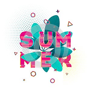 Design banner with Summer text. Glitch texture text with plant decoration. Template seasons poster with blue leaf and