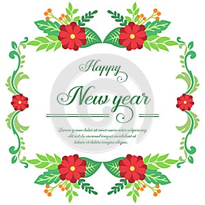 Design beautiful card happy new year, with bright green leaves frame and flower blooms. Vector