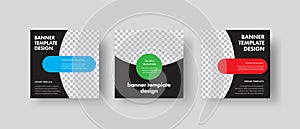 Design of black square web banners with round and semicircular shapes for photos