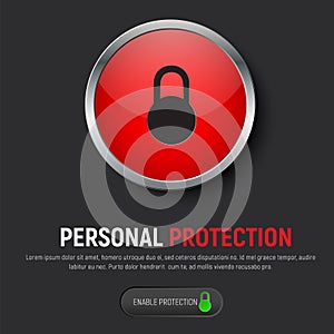 Design of a black web banner with a red round button and an icon