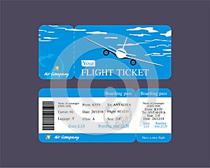 Design blue plane ticket, flat vector illustration, Business flights worldwide