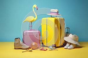 design blue sunglasses background travel suitcase yellow summer concept vacation flamingo. Generative AI.