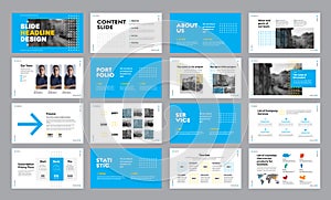 Design of blue and white presentation slides with arrows and squares, for annual report and web slides for marketing