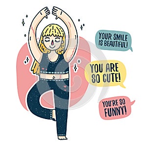 Design of a body positive poster with a young blonde girl. Happy plus size woman with scars is engaged in yoga