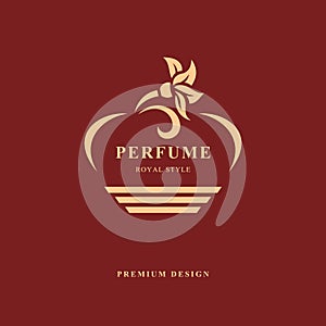 Design of Bottle perfume. Monogram flower elements, graceful template. Calligraphic elegant line art logo design. Emblem sign for