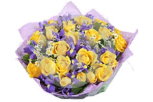 Design bouquet of yellow roses and blue orchid, on white.