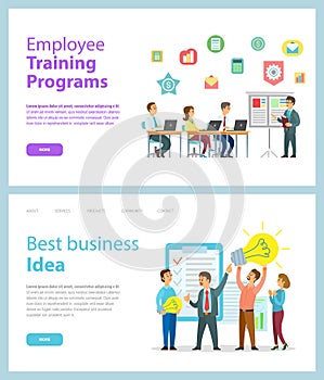 Design of business websites, landing page, employee training programs, best business idea, strategy