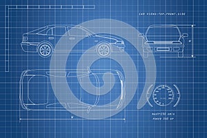 The design of the car drawing on a blue background. Three types: top, side, front