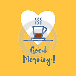 Design card with line icons and text. Good Morning. Cup, espresso, vapour.