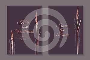 Design or card templates with rose gold spikelets on a purple background