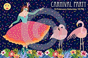 Tropical night. Dancing girl in beautiful ball dress and flamingos.