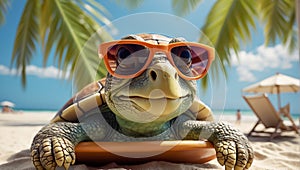 design cartoon turtle comedian beach wearing sunglasses creative leaves