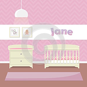 Design a child's room in pink for girls. Crib, swaddle table and framed pictures. Flat style vector illustration