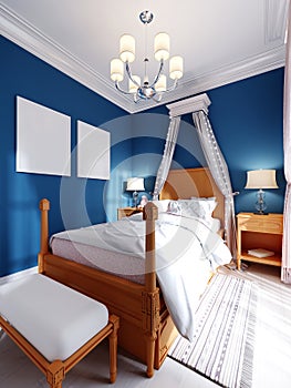 Design of a children`s bedroom, four-poster bed, nightstands with table lamps. Blue, orange, white color of the interior