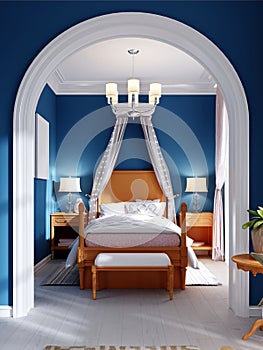 Design of a children`s bedroom, four-poster bed, nightstands with table lamps. Blue, orange, white color of the interior