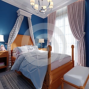 Design of a children`s bedroom, four-poster bed, nightstands with table lamps. Blue, orange, white color of the interior