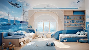 Design a children\'s room marine style furniture indoors playroom