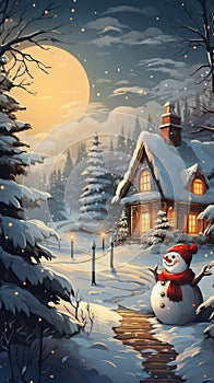 Design for Christmas Greeting Card With Cozy Winter Hause and Cheerful Snowman in Moonlit Snowscape. Winter Digital Art