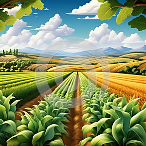 design a close up view of a field with various types of crops growing harmoniously together