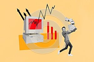 Design collage artwork of young guy surprised hold stack carton boxes monitor computer stats grow economics isolated on