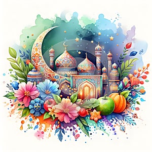 Design a colorful and festive Eid al-Fitr watercolor card.