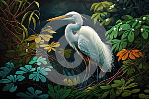 Design of colorful Great Egret bird in the Jungle