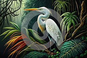 Design of colorful Great Egret bird in the Jungle