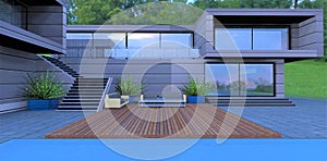 Design of a compact recreation area in the courtyard of a futuristic country cottage. Wooden deck next to the pool. Comfortable