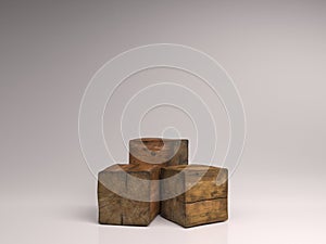 Design concept - abstract geometric real wooden cube with surreal layout on white floor background and it`s not 3D