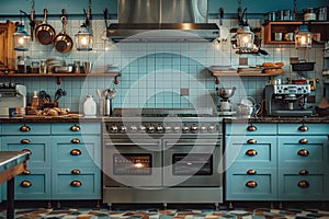 design concept for automated bakery with retro vibe, showcasing vintage ovens and utensils for a nostalgic feel photo