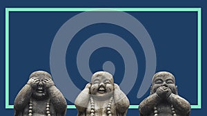 Design concept of a banner or a print for advertisement campaign. 3 Buddha statues heads in a pose of 3 wise mokeys: see no evil,