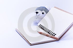 Design concept - Blank diaries, a pencil and an eraser, along with a dog doll, a ceramic lover.