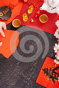 Design concept of Chinese lunar January new year - Woman holding, giving red envelopes ang pow, hong bao for lucky money, top