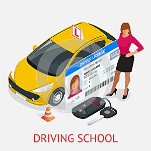 Design concept driving school or learning to drive. Flat isometric illustration