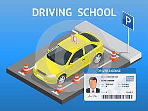 Design concept driving school or learning to drive. Flat isometric illustration