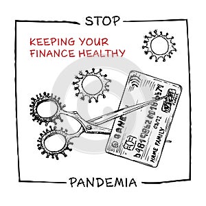 Design concept of economic and financial information agitational poster against coronavirus epidemic with text Stop pandemia Keep