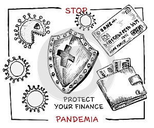 Design concept of economic and financial information agitational poster against coronavirus epidemic with text Stop pandemia Keep