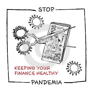 Design concept of economic and financial information agitational poster against coronavirus epidemic with text Stop pandemia Keep