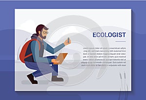Design concept with an illustration of a ecologist in nature who takes samples from the reservoir.
