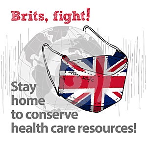 Design concept of Medical information poster against virus epidemic Brits, fight Stay home to conserve health care resources Hand