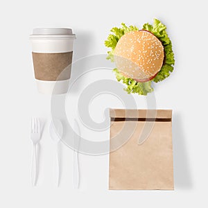 Design concept of mockup burger and coffee set on white