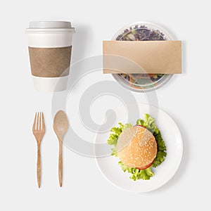 Design concept of mockup burger, salad and coffee set isolated o