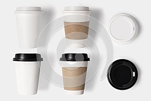 Design concept of mockup coffee cup set and lid set on white background. Copy space for text and logo