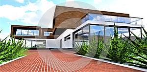 Design of contemporary suburban dwelling built in accordance with ecological building standarts. 3d rendering