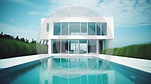 Design, Contemporary white home with panoramic windows and pool, with a backyard overlooking the ocean. Generative AI